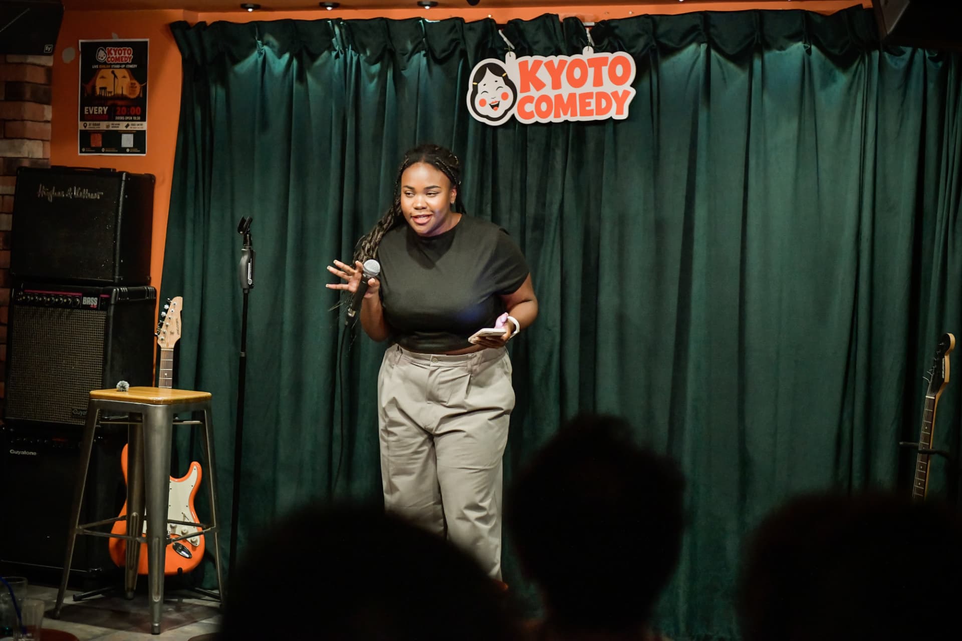 Comedian mid-punchline at a Kyoto Comedy show