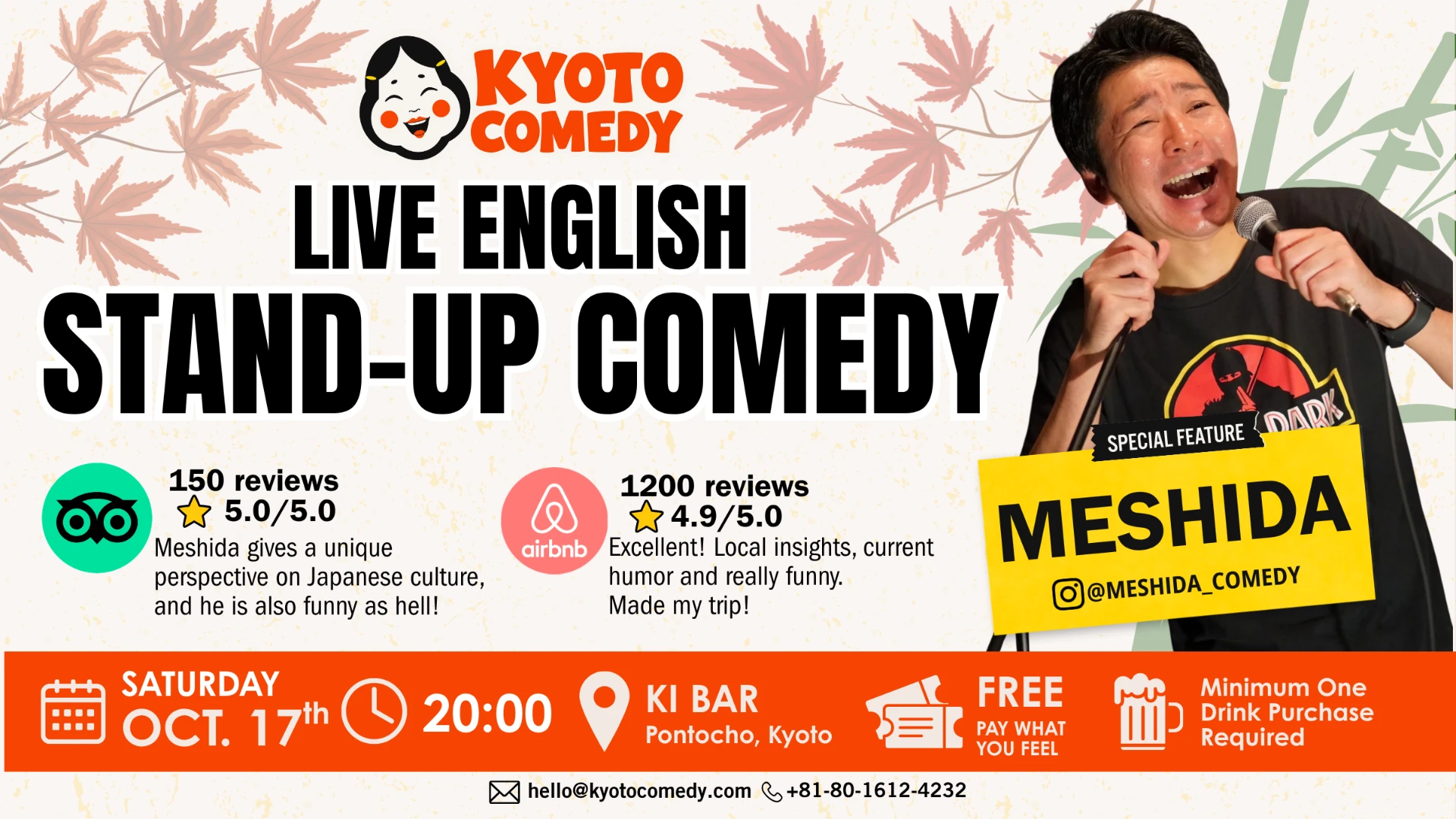 MESHIDA — MY JAPANESE PUNCHLINE (English Stand-Up Comedy Showcase) — special English comedy show at Ki Bar in Pontocho, Kyoto